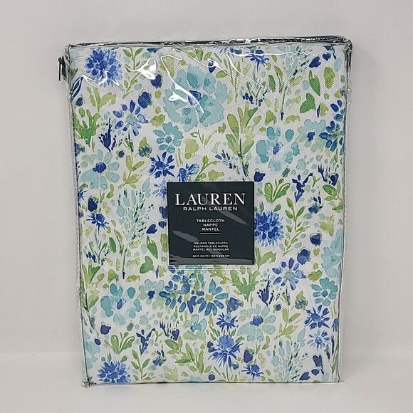 Ralph Lauren Cotton Floral Tablecloth Rectangle 60 x 102" NEW White Blue Green - Picture 1 of 4